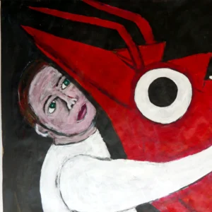 Isabella Rossellini cuddling king prawn.