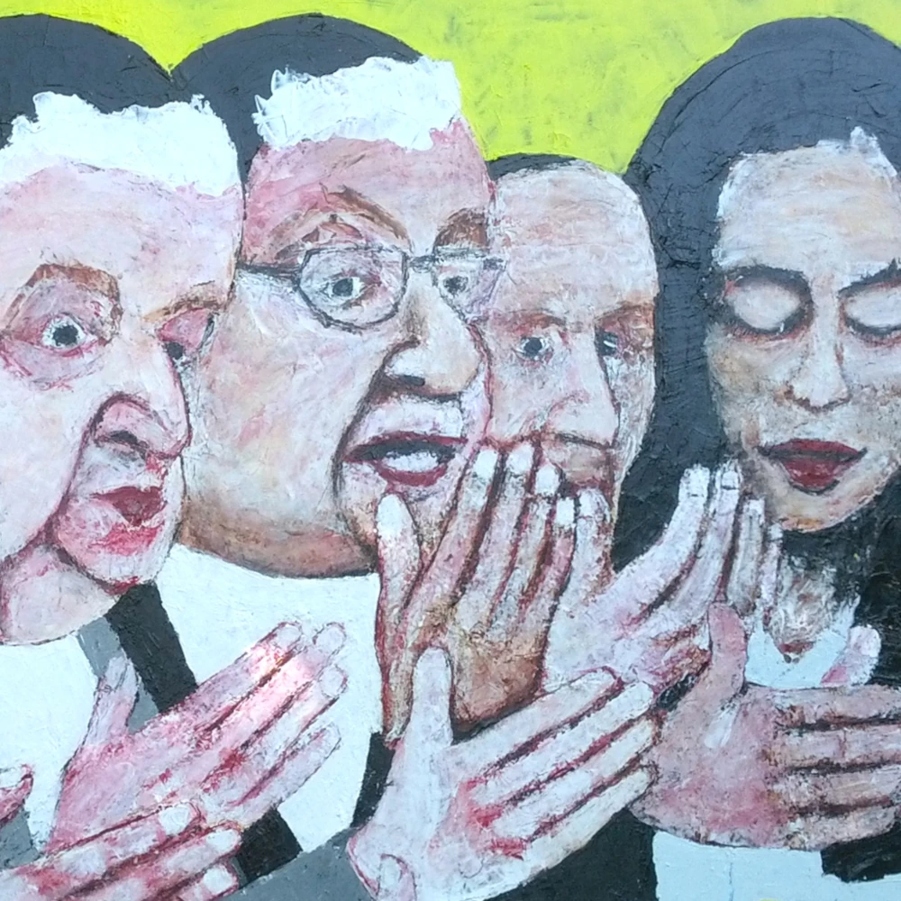 Life as joyous nuns, hands raised in surrender to a story.