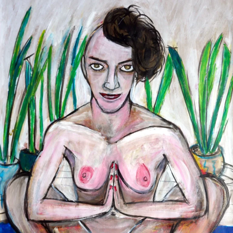 Malasana their palms of hands together in a squatting pose.