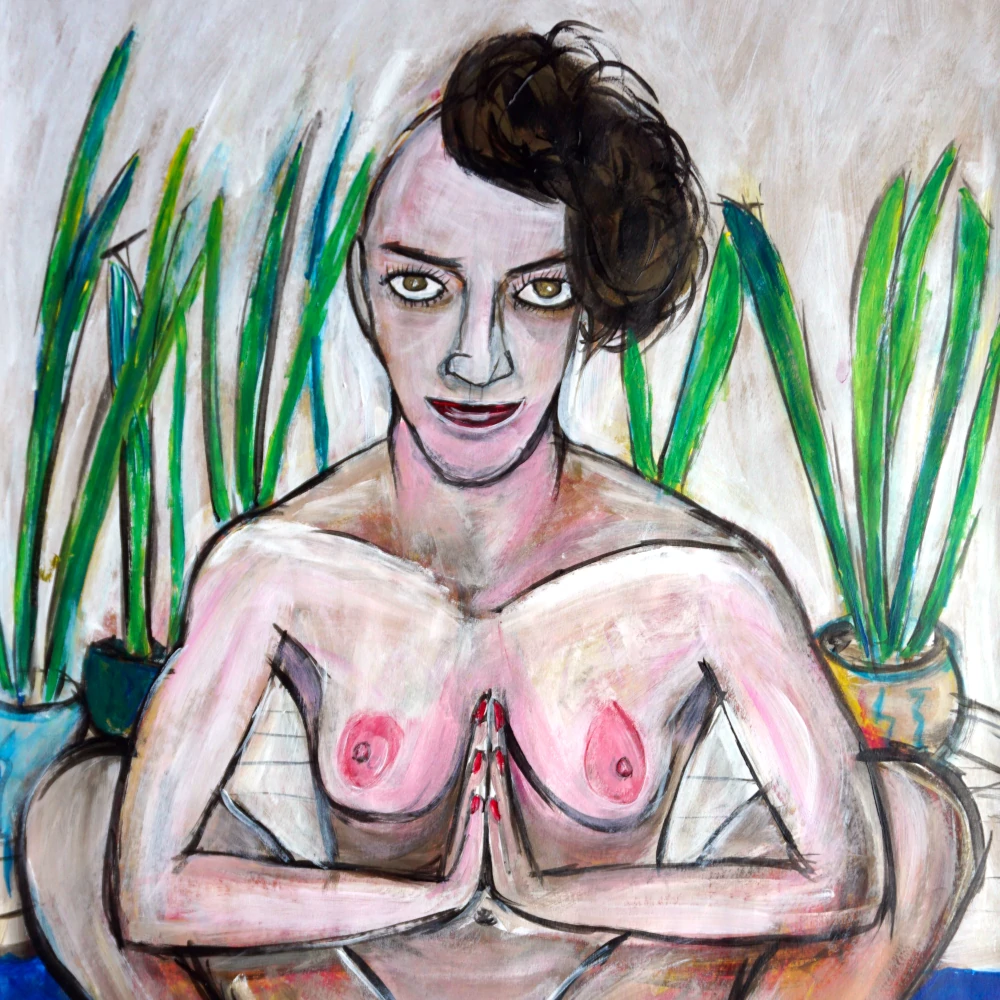 Malasana their palms of hands together in a squatting pose.