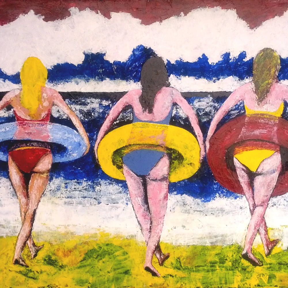Painting by Chris Dale of three friends in bikinis with transparent coloured inner tubes bravely waiting into the ocean waves with there Safety Measure.