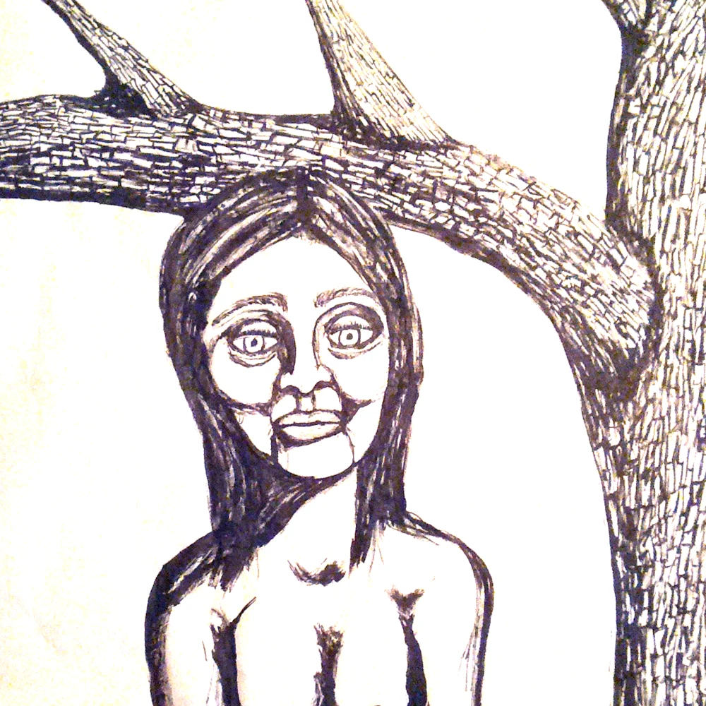 Scratching back on the tree trunk.