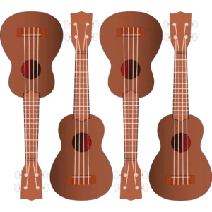 4 brown ukuleles all in a row.