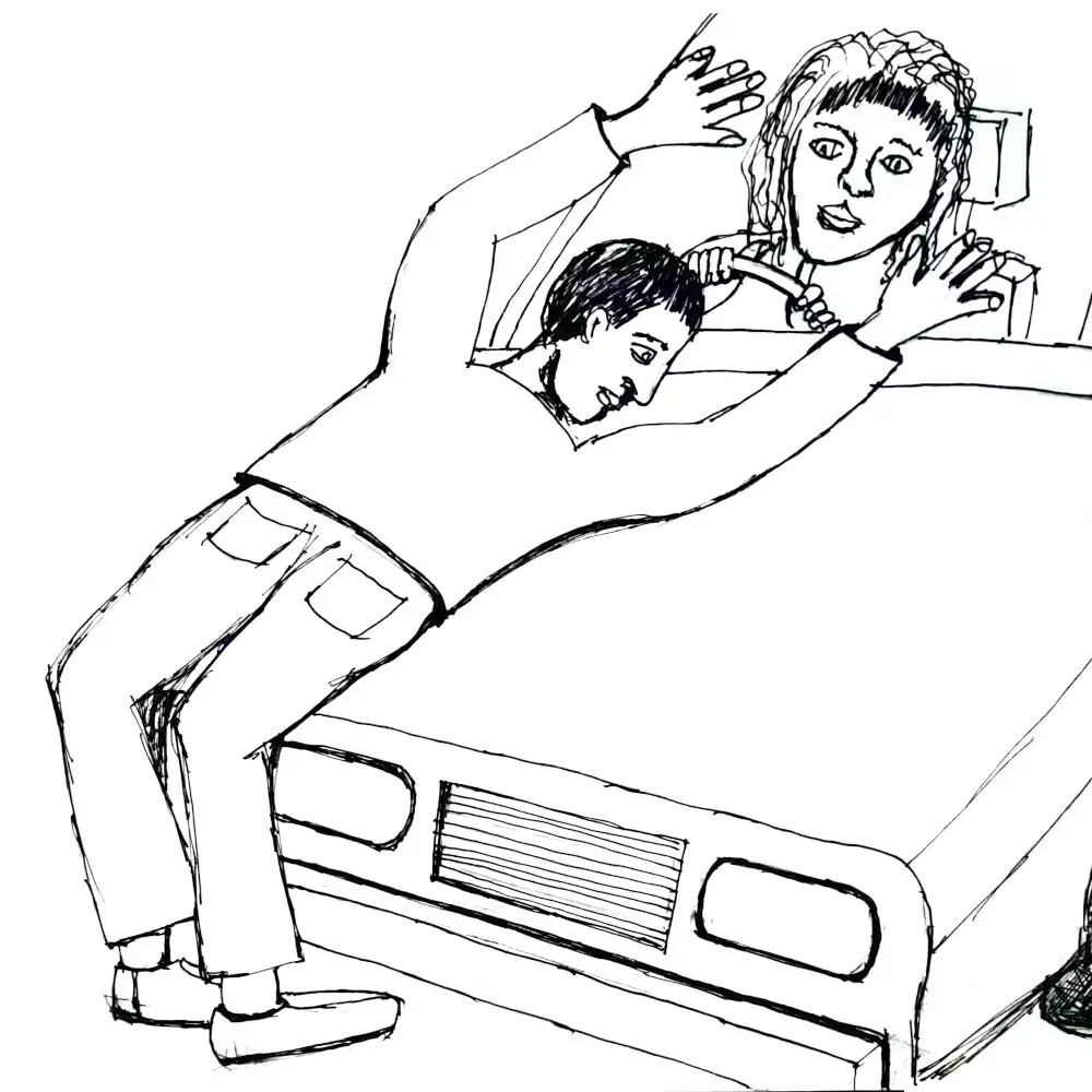 Vehicular, woman in car hitting a man.
