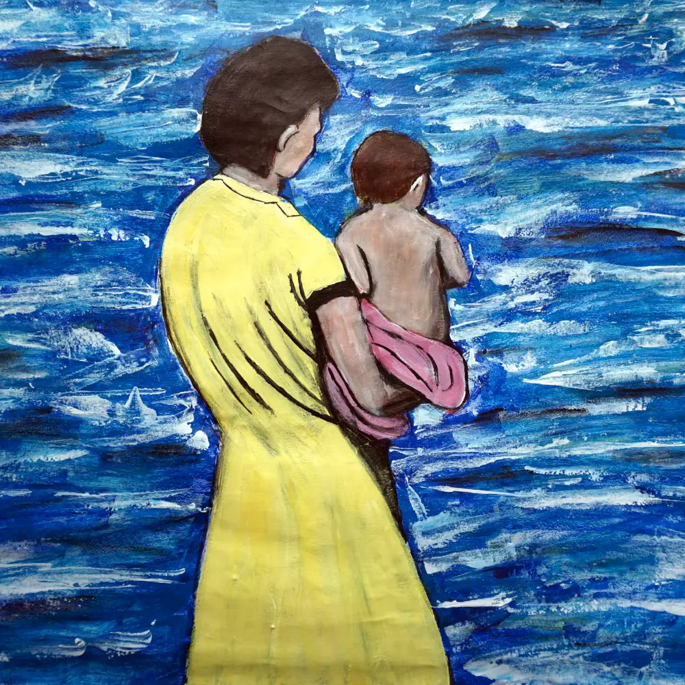 Watching Waves, resting child on the hip.