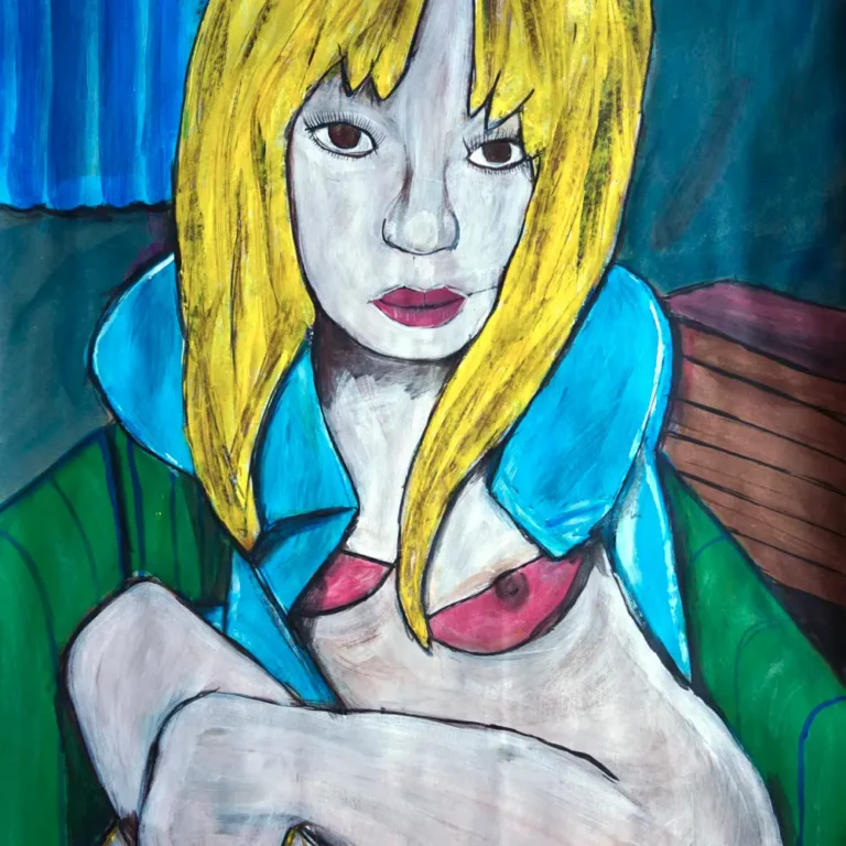 Yellow Blonde, standing large, tying my arms back instead.