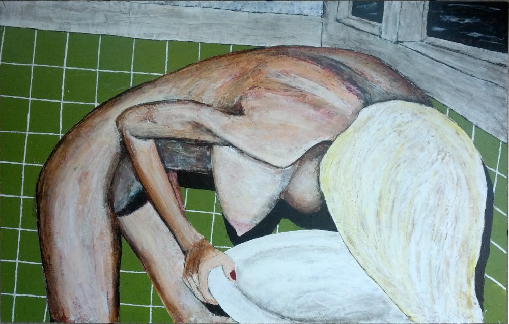 Naked body against dark green tiles.