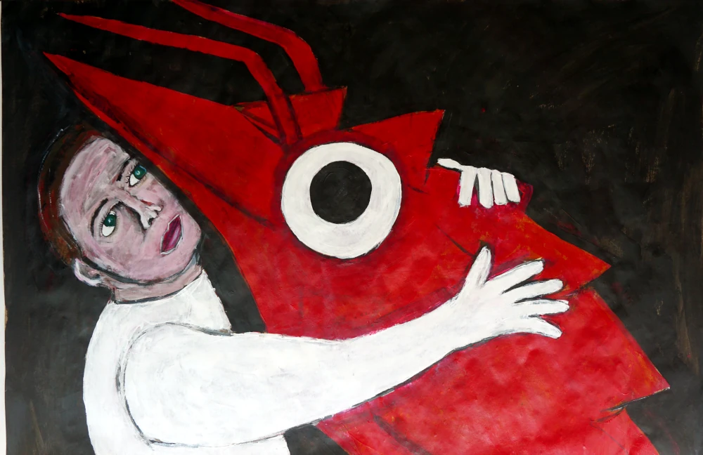 Isabella Rossellini cuddling king prawn.