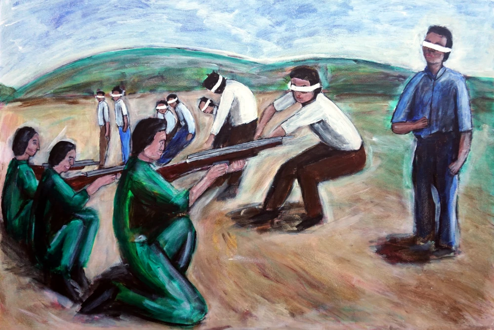 Eyes covered, shirt tucked in they wait for their turn.