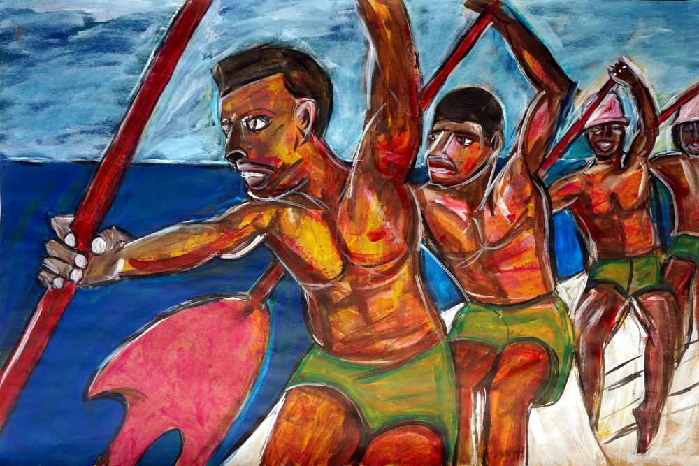 Rhythmic arms dance the boat across the water.