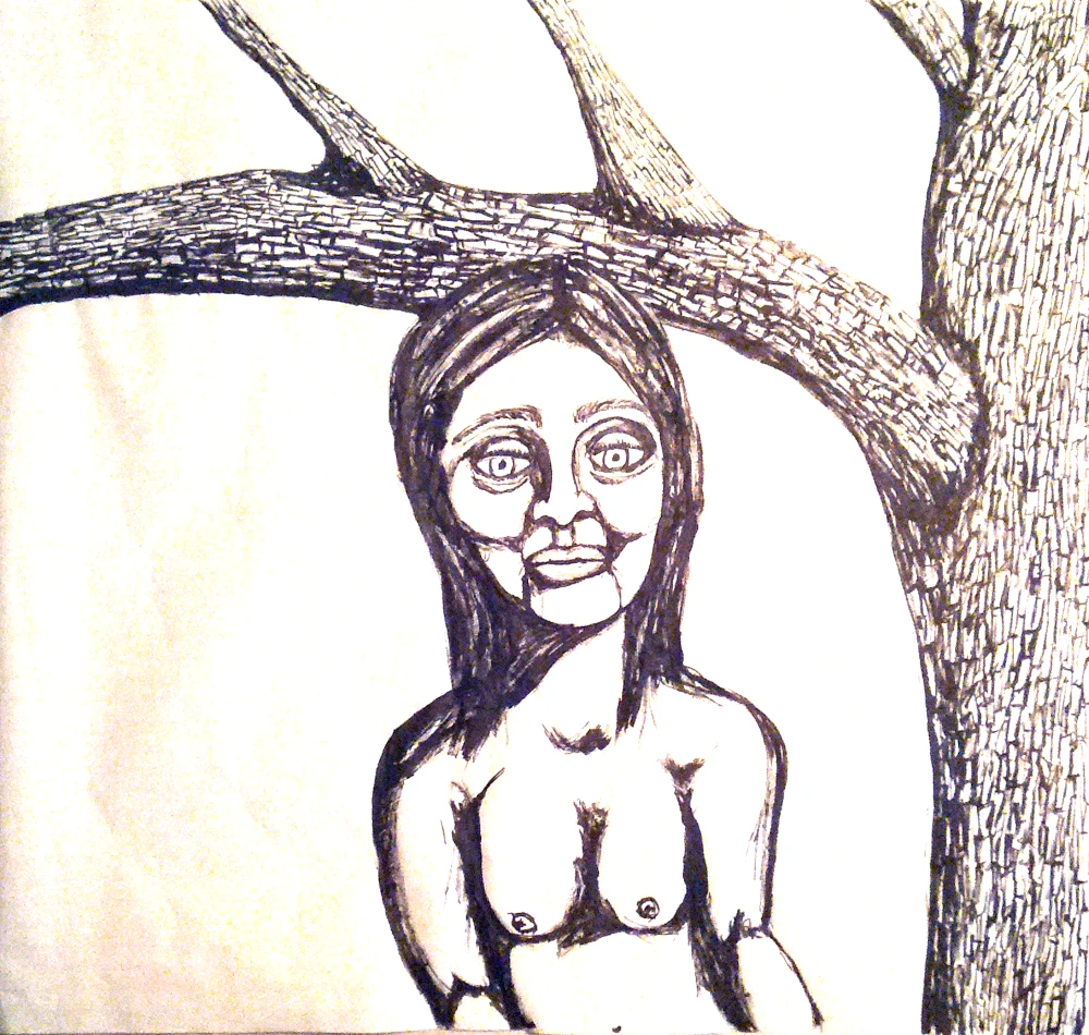 Scratching back on the tree trunk.