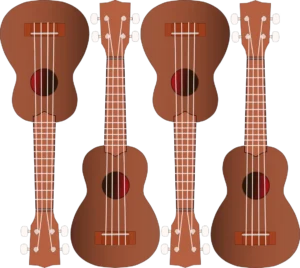 4 brown ukuleles all in a row.