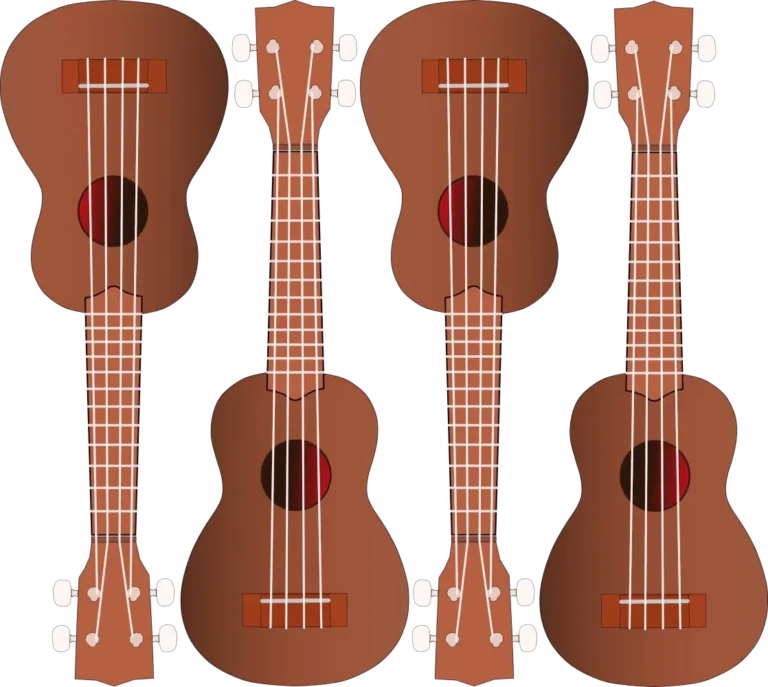 4 brown ukuleles all in a row.