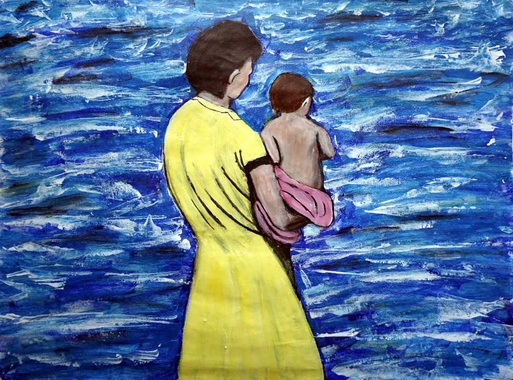 Watching Waves, resting child on the hip.
