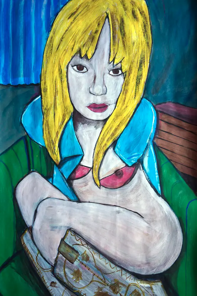 Yellow Blonde, standing large, tying my arms back instead.